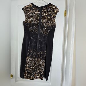 Black Midi Sheath Dress with Gold Abstract Print